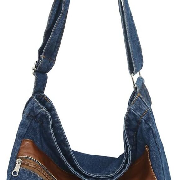 Denim Purse for Women Men Tote Bag with Zipper Crossbody Blue Jean Purses Canvas - Picture 1 of 9